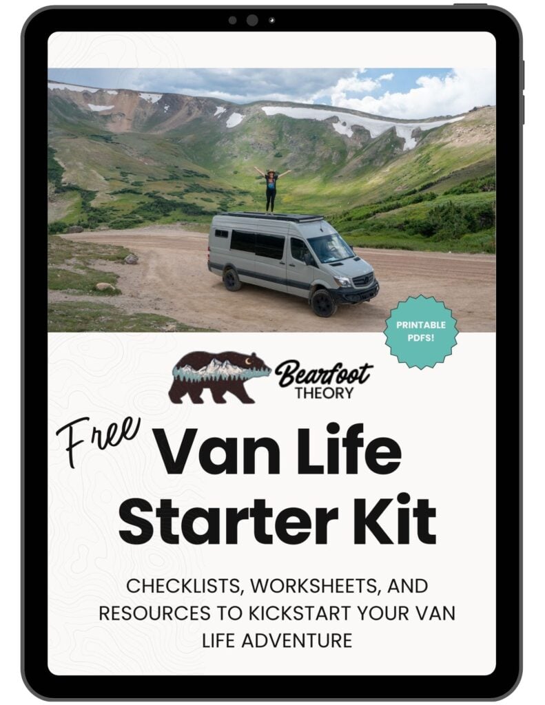 A pinnable image with a women standing on top of a Sprinter Van in Rocky Mountain National Park with the text "Free Van Life Starter Pack - Checklists, Worksheets, and Resources to Kickstart your Van Life Adventure"